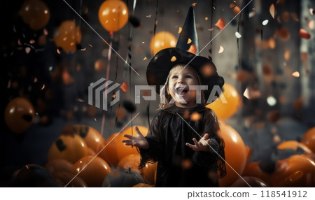 In a whimsical Halloween scene, a young girl, dressed as a witch, is surrounded by enchanting pumpkins, capturing the magic of the festive night 118541912