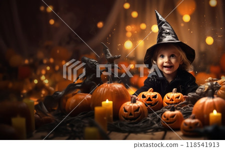 In a whimsical Halloween scene, a young girl, dressed as a witch, is surrounded by enchanting pumpkins, capturing the magic of the festive night 118541913