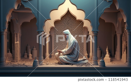 Elderly Muslim in Traditional Attire Praying in a Sacred Place.Generated image 118541943