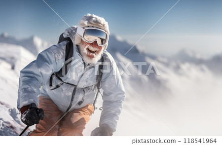 An adventurous elderly man with a distinguished gray beard showcases his seasoned skiing skills on the breathtaking snowy peaks of a mountainous landscape 118541964