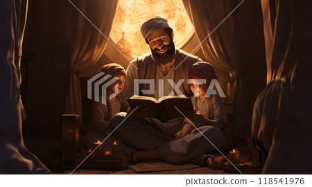 Muslim Parents Teaching Their Children to Read the Quran Together.Generated image 118541976
