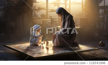 Mother Teaching Her Child the Proper Ablution Process and Prayer Preparation.Generated image 118541996