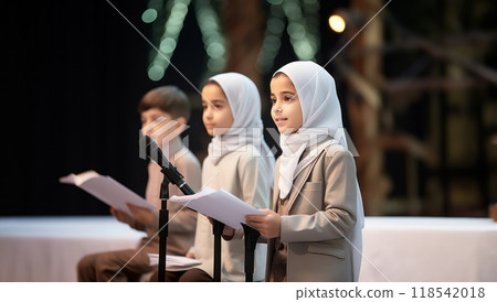 Closeup of Muslim children in elegant attire reciting the Quran, showcasing their devotion and cultural heritage..Generated image 118542018