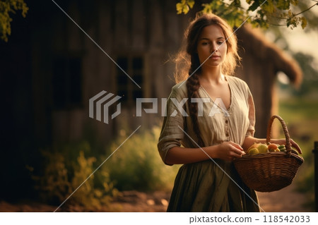 A beautiful traditional woman exudes charm while holding a basket, capturing the essence of cultural elegance and ethnic beauty within the serene surroundings 118542033
