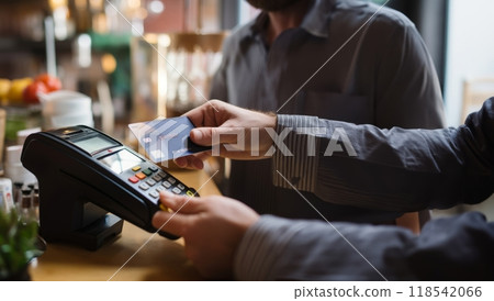 A customer at a cafe or restaurant completes a seamless transaction, using a credit card to pay at the cashier, showcasing the convenience of digital payment in the dining experience.Generated image 118542066