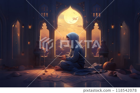 Illustration of a Woman Celebrating Ramadan Mubarak with Spiritual Reverence.Generated image 118542078