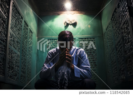 Preparing for Prayer: A Young Muslim Performing Ablution with Devotion.Generated image 118542085