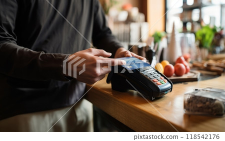 A customer at a cafe or restaurant completes a seamless transaction, using a credit card to pay at the cashier, showcasing the convenience of digital payment in the dining experience.Generated image 118542176