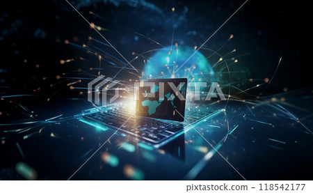 In the realm of financial concepts, an image captures the essence of a digital internet network with a global connection, highlighting the convenience of online payment through a digital card 118542177