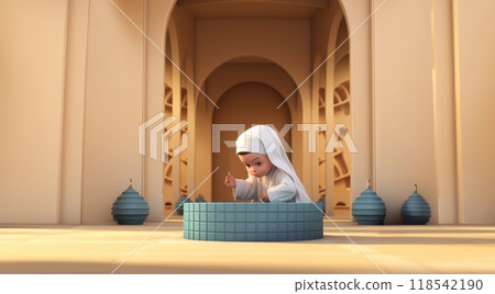 A serene moment captured in a photograph, depicting a little girl engaged in the Islamic ritual of abdest, symbolizing purity and spiritual cleansing before prayer.Generated image 118542190