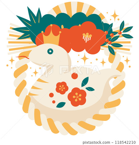 Two-row camellia decoration for the year of the snake New Year's card icon, retro color, illustration, cute, white snake Two-row camellia decoration for the year of the snake New Year's card icon, retro color, illustration, cute, white snake 118542210