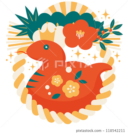 Two-row camellia decoration for the year of the snake New Year's card icon, retro color, illustration, cute, red snake 118542211