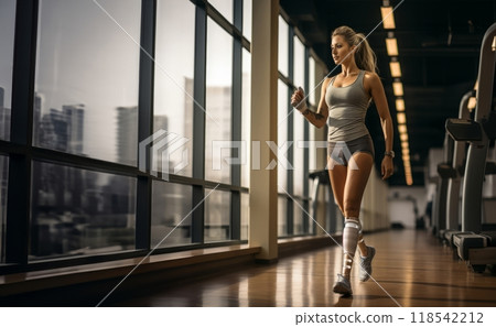 Determined young woman with a leg prosthesis prepares for training in a gym, showcasing resilience and dedication..Generated image 118542212