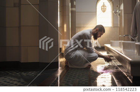 Preparing for Prayer: A Young Muslim Performing Ablution with Devotio.Generated image 118542223