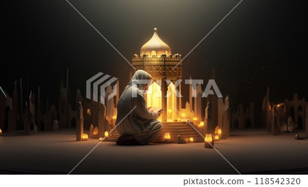 Elderly Muslim in Traditional Attire Praying in a Sacred Place.Generated image 118542320