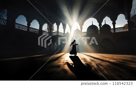 A mesmerizing silhouette of a Sufi dervish performing a traditional whirling dance, embodying spiritual grace and devotion.Generated image A mesmerizing silhouette of a Sufi dervish performing a traditional whirling dance, embodying spiritual grace and devotion.Generated image 118542323