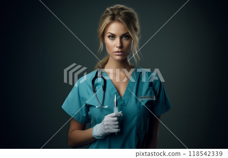A modern and elegant doctor, exuding confidence and expertise, holds an injection in her hands against a dark backdrop, capturing the essence of contemporary healthcare professionalism 118542339