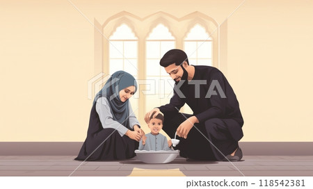 Parents Teaching Their Child Religious Rituals and Practices in Islam.Generated image Parents Teaching Their Child Religious Rituals and Practices in Islam.Generated image 118542381