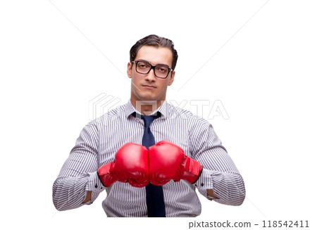 Aggressive businessman with boxing gloves isolated on white 118542411