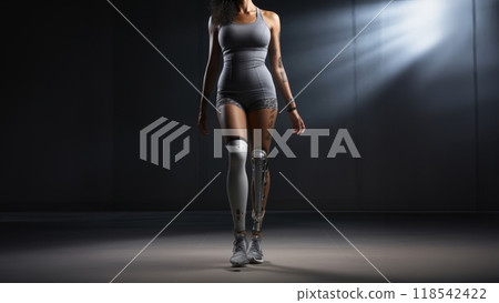 A determined professional athlete, equipped with adaptive sports gear, showcases resilience and commitment while training, embodying the spirit of inclusive athleticism and overcoming challenges with 118542422