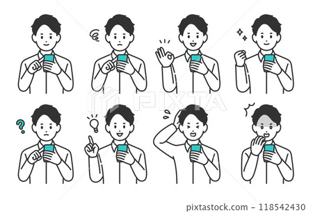 A set of young men with various expressions and poses while looking at their smartphones [People vector illustration material] 118542430