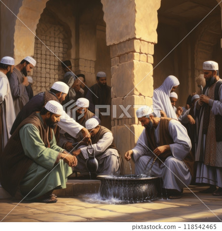 Muslims Performing Ablution in Preparation for Prayer at a Sacred Site.Generated image Muslims Performing Ablution in Preparation for Prayer at a Sacred Site.Generated image 118542465