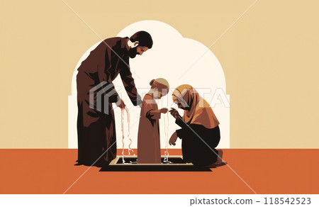 Parents Teaching Their Child Religious Rituals and Practices in Islam.Generated image Parents Teaching Their Child Religious Rituals and Practices in Islam.Generated image 118542523