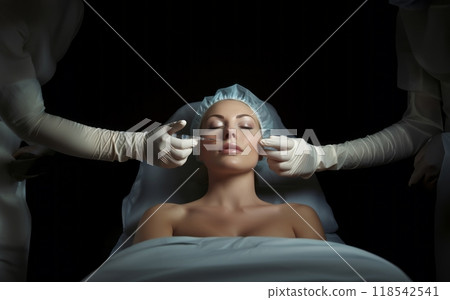Woman undergoes botox therapy for a youthful and rejuvenated appearance, embracing non-surgical cosmetic enhancement. 118542541