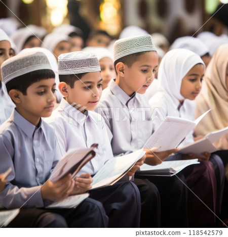 Closeup of Muslim children in elegant attire reciting the Quran, showcasing their devotion and cultural heritage..Generated image Closeup of Muslim children in elegant attire reciting the Quran, showcasing their devotion and cultural heritage..Generated image 118542579