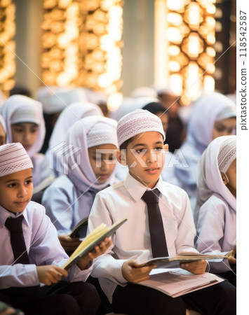 Closeup of Muslim children in elegant attire reciting the Quran, showcasing their devotion and cultural heritage..Generated image 118542587