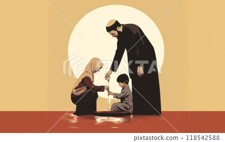 Parents Teaching Their Child Religious Rituals and Practices in Islam.Generated image Parents Teaching Their Child Religious Rituals and Practices in Islam.Generated image 118542588