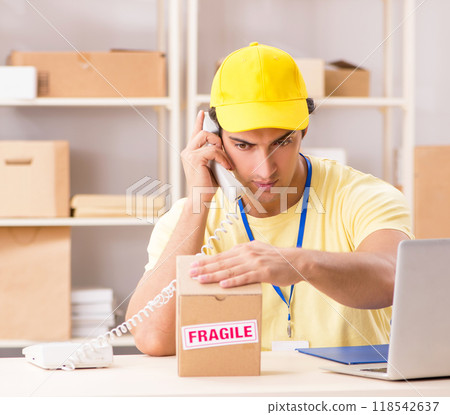 Handsome contractor working in box delivery relocation service Handsome contractor working in box delivery relocation service 118542637
