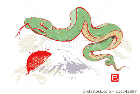 2025 年蛇年新年賀卡富士山與蛇新年賀卡插圖/向量、Sumi-e、日本圖案、新年賀卡 118542687