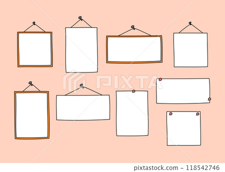 Frames, pinned notes vector set. Blank paper sheets hanging on ropes and nails. Placeholders isolated design elements in cute hand drawn doodle style with copy space 118542746