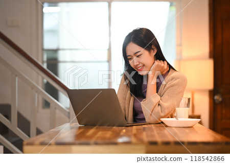 Charming asian female freelancer checking email on her laptop at the morning 118542866