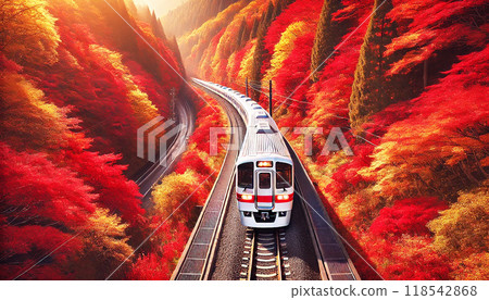 A train running through vibrant autumn leaves A train running through vibrant autumn leaves 118542868