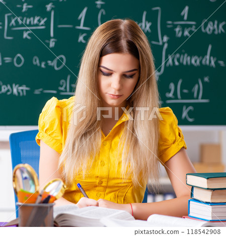 Young female student in front of the chalkboard Young female student in front of the chalkboard 118542908