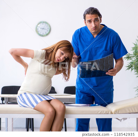 Pregnant woman visiting male doctor gynecologist Pregnant woman visiting male doctor gynecologist 118542935