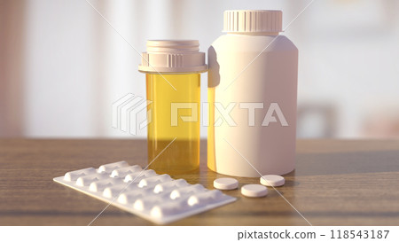 The medicine bottle on wood table for heath and sci concept 3d rendering. The medicine bottle on wood table for heath and sci concept 3d rendering. 118543187