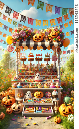 A Halloween stall decorated with flags and balloons swaying in the wind 118543228
