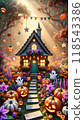 Magical pumpkin house and Halloween garden illuminated by the morning sun 118543386