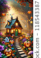 Illuminated magical pumpkin house and halloween garden 118543387