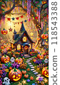 Magical pumpkin house and halloween garden illuminated by autumn lights 118543388