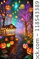 A night forest lit up with colorful Halloween decorations 118543389