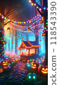 Halloween stalls decorated with colorful decorations and glowing jack-o'-lanterns 118543390