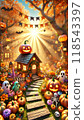 A witch's garden decorated for Halloween and bathed in autumn sunlight 118543397
