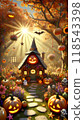Magical pumpkin house and halloween garden illuminated by autumn sun 118543398
