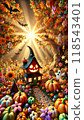 Autumn sunlit pumpkin house and decorated halloween magic garden 118543401