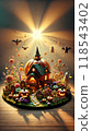 Illuminated magical pumpkin house and halloween garden 118543402