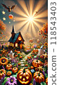 Magical pumpkin house and Halloween garden illuminated by the morning sun 118543403